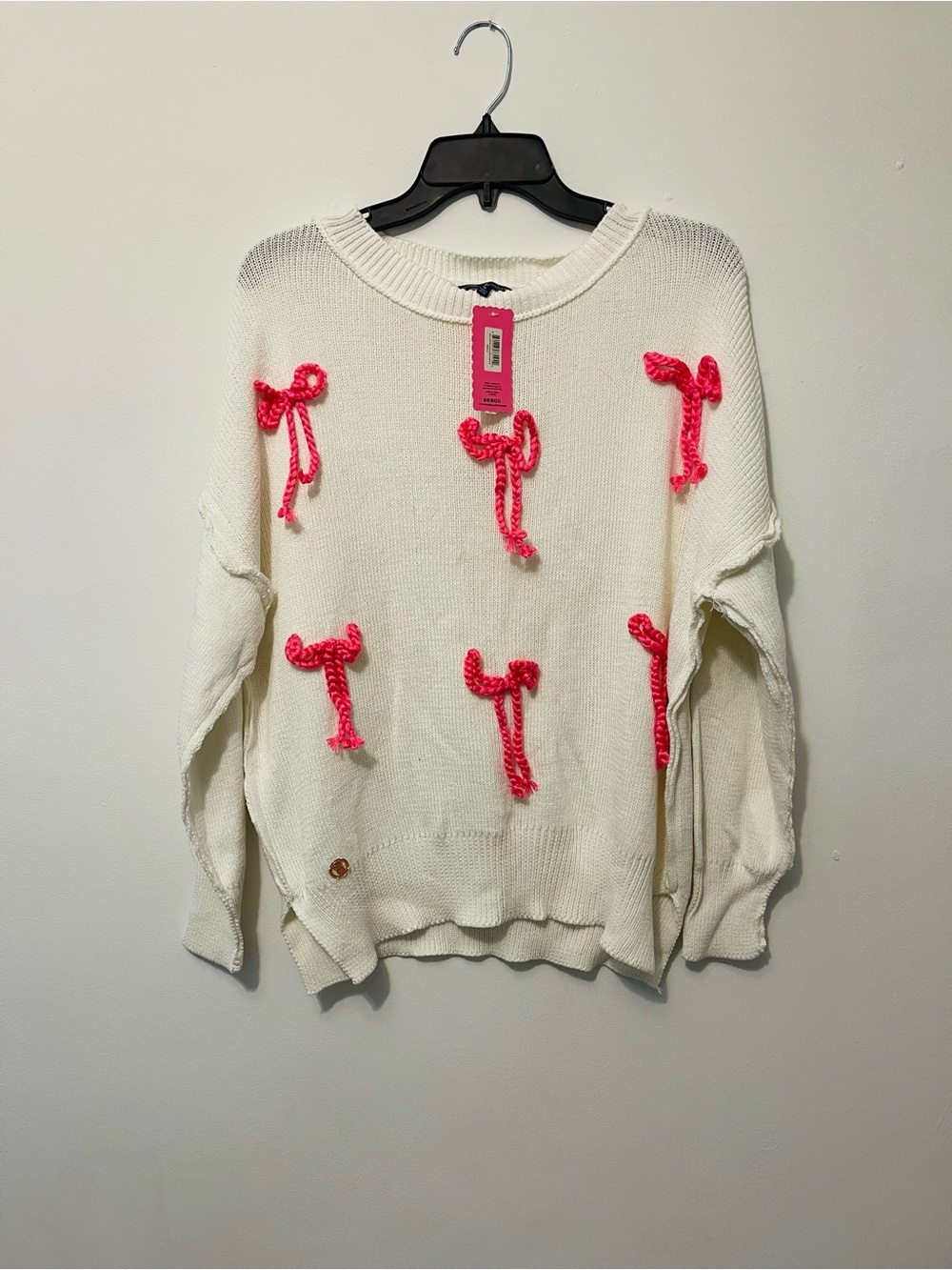 Simply Southern Cream Crewneck Sweater with Neon Pink Knit Bows